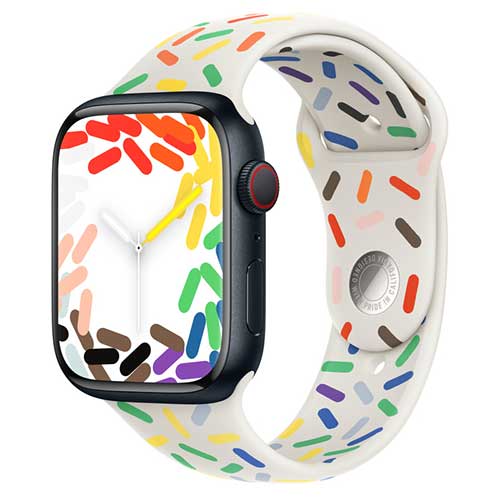 MRTN3ref_VW_34FR+watch-45-alum-midnight-cell-8s_VW_34FR_WF_CO+watch-face-45-pride-sport-band-s8_VW_34FR اپل واچ سری ۸ مدل Apple Watch Series 8 41mm(GPS)Aluminum Case with Sport Band - Image 1